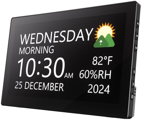 Raynic Digital Clock, 10.1 Inch Large Display Calendar Clock with 12 Themes, 20 Alarms, 20 Reminders, Auto Dimming, 12/24 Hours, Indoor Temperature, Humidity for Seniors, Desk (Black)