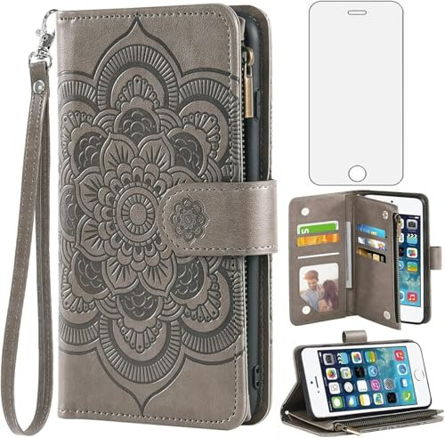 Asuwish Handyhülle für iPhone 5S/5/SE 2016 Hülle mit Folie Schutzfolie Kartenfach Klappbar Leder Blumen Geldbörse Ständer i 5SE 1 S SE2016 1. Generation Handy Hüllen Schutzhülle Wallet Phone Case Grau