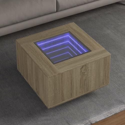Myheimly LED Couchtisch, Beistelltisch mit LED-Infinity-Spiegel, Kaffeetisch Sofatisch für Wohnzimmer, Wohnzimmertisch,Holzwerkstoff Couchtisch Sonoma Eiche,60 x 60 x 40 cm