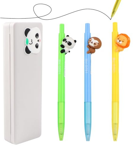 YnewL Niedliches Tier Neutraler Stift - 3 Stück 0,5mm Schwarze Tinte, mit Bringen Sie ein Panda-Federmäppchen - Wählen Sie ein Niedliches Design (Löwe, Panda, Faultier)