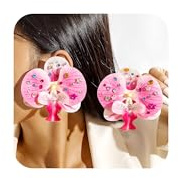 LANWLOSI Pink Orchid Earrings for Women Large Pink Flower Earrings Acrylic Floral Statement Necklace Summer Orchid Jewelry Set Accessroies, Acrylic, No Gemstone