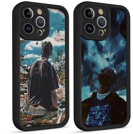 Yimctoie 2 Stück Musik Sänger Handyhülle für iPhone 12 6.1, Case Aesthetic Cool Travis Scott Rapper Muster Design Silikon TPU Bumper Schutzhülle Kratzfest Protective Case Cover für Jungen,Schwarz