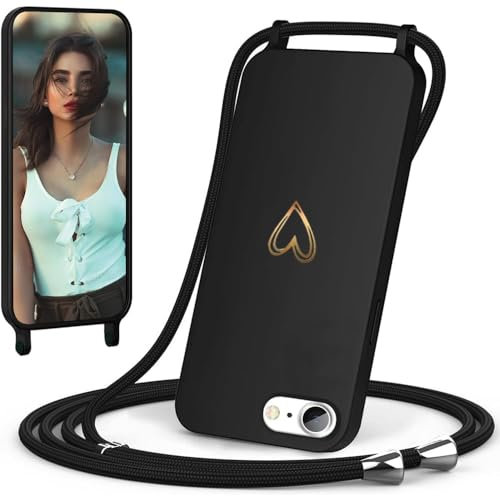 CaseLover Handyband kompatibel mit iPhone 16e Hülle mit Band, Herz Muster Silikon Necklace Handyhülle mit Abnehmbar Kordel zum Umhängen Stossfest Schutzhülle Case für iPhone 16e/SE 4 2025, Schwarz