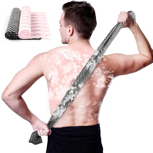 LOPHE 2 PCS Gant de Toilette Exfoliant Gommage du dos pour la douche, Sangle De Bain, Dos Épurateur Exfoliant Organique Massage pour Hommes Femmes,à la Maison Voyage,Noir