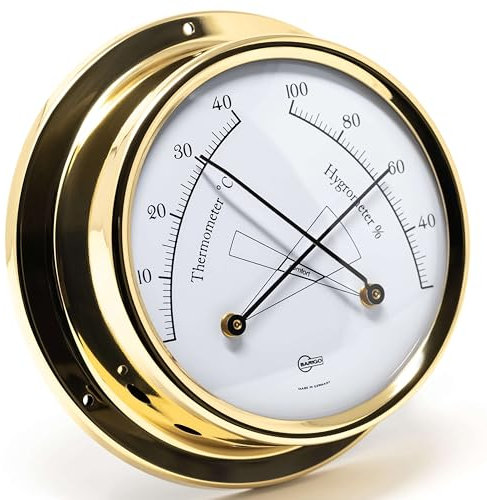 BARIGO 983MS TEMPO Thermo-Hygrometer, synthetic Ø 110 mm, Präzisions-Messgerät mit Bimetall-Thermometer, Messing poliert