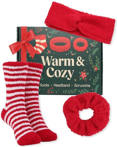Lily England Cosy Gift Set - Self-Care Presents for Women & Teenage Girls, Fluffy Socks, Soft Headband, & a Scrunchie, Red