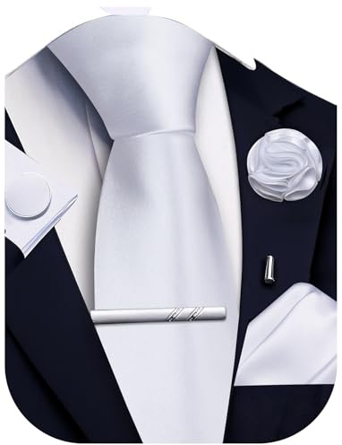 Ailisus Krawatten- und Einstecktuch-Set, solide Krawatte, Manschettenknöpfe, Krawattenklammer, Anstecknadel für Herren, Hochzeit, Business, 5 Stück, weiß, Einheitsgröße