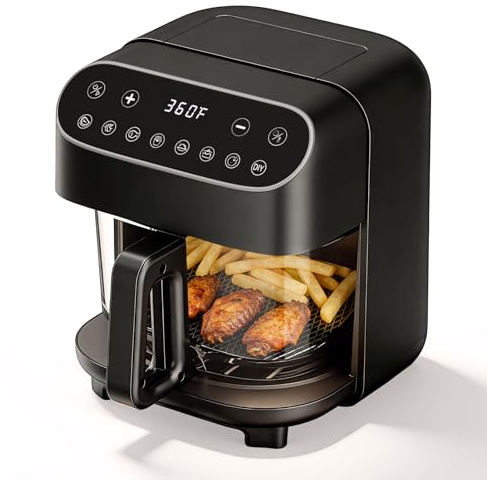 Friggitrice ad aria in vetro da 5 litri Havato, cestello in vetro borosilicato non tossico e non rivestito, friggitrice ad aria con ciotola di frittura trasparente, 8 modalità preimpostate, senza PTFE