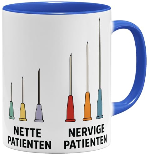 OM3® Nette Patienten - Nervige Patienten Kaffee-Tasse mit Spruch - Lustige Praxistasse für Arzt, Ärztin, Krankenschwester Pfleger - Keramik Becher - 325ml - Beidseitig Bedruckt - Blau