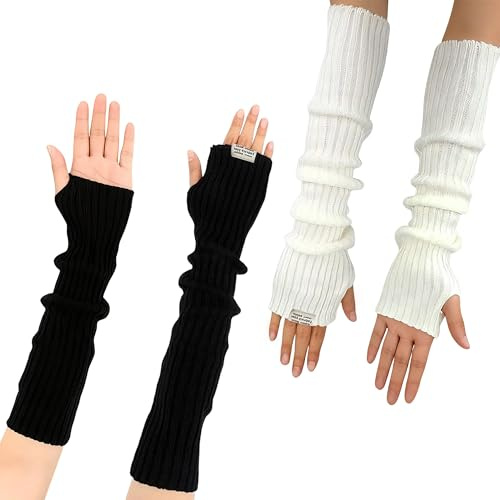 VVQWCY 2 Paar Armstulpen Damen, Gestrickte Handstulpen, Schwarz Weiß Arm Warmers
