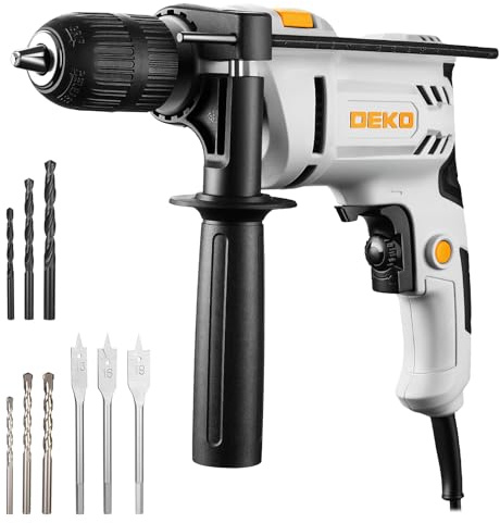 DEKOPRO Taladro Percutor Eléctrico de 500W, Taladro Percutor 2 en 1, Portabrocas de 13MM, Velocidad Ajustable 0-3000 RPM, Juego de Taladro con Cable y 3x (Brocas para Hormigón, Metal y Madera)