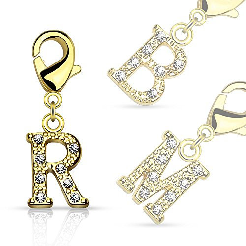 Bungsa M - Buchstaben Charm Gold 14 Karat Anhänger für Kette Armband Ohrringe Kristall Damen Herren (Kettenanhänger Pendant Beads A B C D E F G H I J K L M N O P Q R S T U V W X Y Z Brass Schmuck)