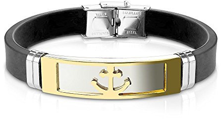 Bungsa Armband goldener Anker aus Silikon schwarz - mit silberner Edelstahlplatte & Klickverschluss - Herren-Armband für Männer