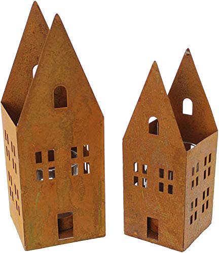 2 Teelichthalter Haus aus Metall in Rost-Optik mit Windlicht-Glas, Kerzenhalter, Windlicht, Tischdeko für Wohnzimmer, Balkon & Garten