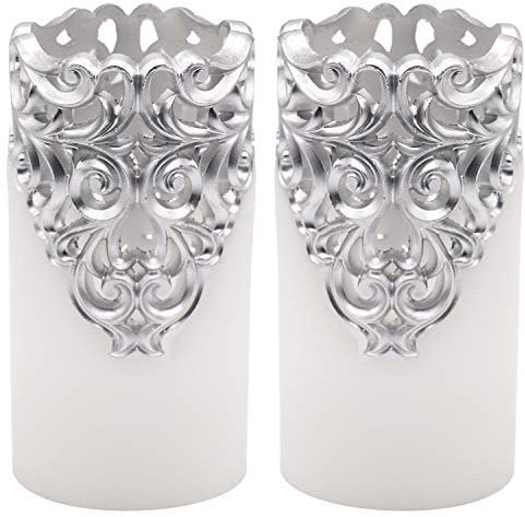 Eldnacele Hollow Vintage Silver Flickering Flameless Candles with 5H Timer, Battery Operated Real Wax Pillar Candle for Wedding Party Home Christmas Decoration, Set of 2