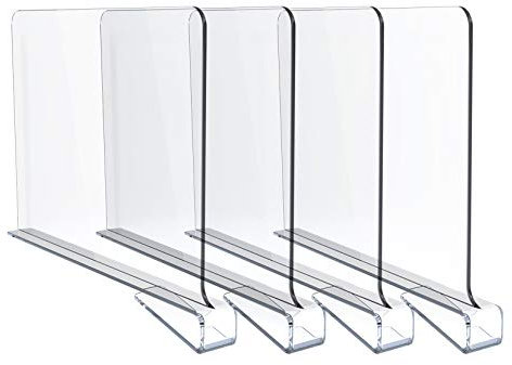 Jucoan 4 Pack Clear Acrylic Shelf Dividers Closet Separators Wood Shelves and Clothes Organizer for Bedroom, Bathroom and Office Shelves, Easy Installing