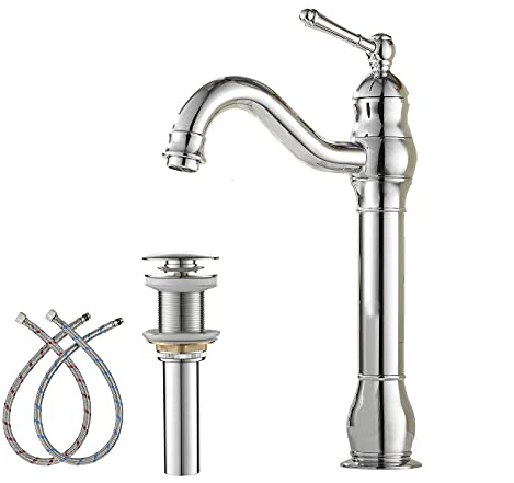 Badezimmer-Wasserhahn, hoch, Chrom, 360° drehbar, ein Griff mit Ablauf | Ohne Überlauf WC, Einlochhebel, Spülbecken, Wasserhahn, Baisn Mischbatterie Gewerbe