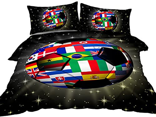 BlessLiving Football Bedding Single for Girls Boys, 3D Soccer Ball Sport Print Duvet Cover Sets for Kids Teen, Soft Microfiber Football World Flags Print Quilt Cover with Zipper Closure