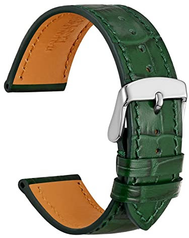 WOCCI 18mm Uhrenarmband Leder für Damen und Herren, Geprägtes Alligator, Silberne Schnalle (Dunkelgrün)