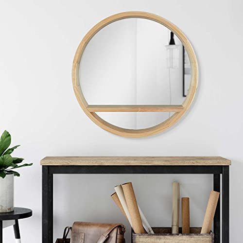 PHOTOLINI Spiegel Holzrahmen Rund mit Ablage 60 cm Natur | Deko-Wandspiegel | Holzspiegel mit Ablage | Holzrand Spiegel