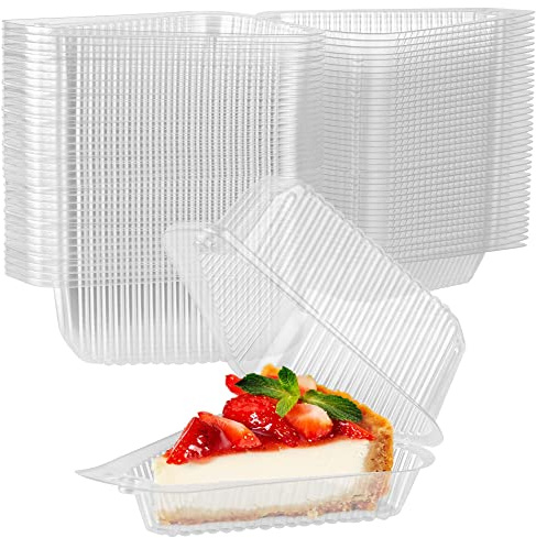 Stock Your Home Cake Slice Container (50 Pack) - 1 Compartment Clear Plastic Trays with Hinged Lid - Single Slice Container for 7”-10” Diameter Cake or Pie, Cheesecake, Tres Leches, Flan, Desserts
