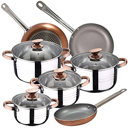 San Ignacio Bateria de cocina 8 piezas Nona, acero inoxidable, con juego sartenes (18/22/26 cm) Optimum Plus en aluminio prensado, Cromado/Cobre