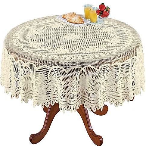 Vintage Spitze Häkeldeckchen Tischdecke Häkelspitze Tischaufsatz Abdeckung Hochzeit Party Küche Tischdekoration (Beige, Rund 180cm)