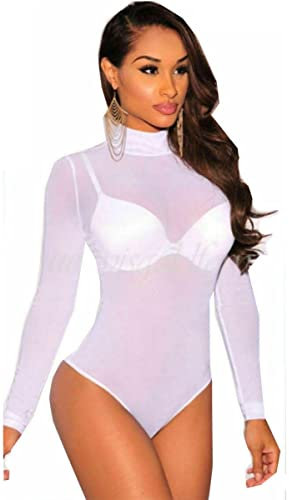 Womens Ladies Turtle Polo Neck Sheer Mesh Long Sleeve Leotard Top Bodysuit (14, White)