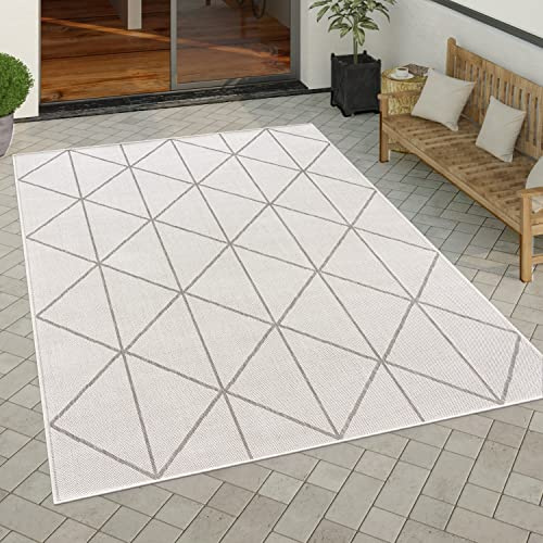 Paco Home Outdoor Teppich wetterfest modernes Boho Skandi Rauten-Muster Robustes Flachgewebe in Sisaloptik pflegeleicht ideal für Balkon, Terrasse & Küche, Grösse:120x160 cm, Farbe:Weiß