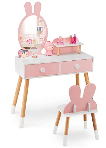 LIFEZEAL Specchiera Trucco Bambini, Postazione Trucco Bambina, con Sedia e Specchio Rimovibile a Forma di Coniglio, Toeletta Trucco per Bambina 3-7 Anni, Toilette Trucco con Cassetti in Legno (rosso)
