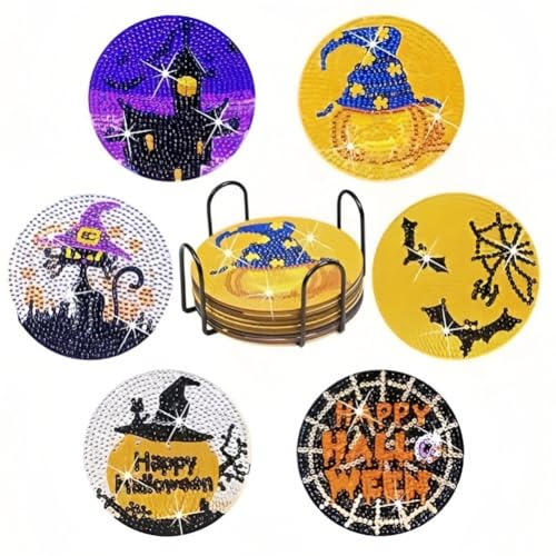 WOWDECOR DIY Diamond Art Coasters to Make Set of 6 with Holder, 5D Halloween Pumpkin Diamond Painting Coasters Kits Crystal Art Coaster for Car Cups Drinks Home Bar