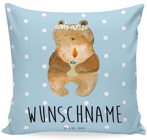 Mr. & Mrs. Panda Personalisiertes Kissen Bär Kommunion - Personalisierte Geschenke, Teddy, Kissenbezug personalisiert, Katholisch, Kuschelkissen, Taufkerze, Kinderkissen Mit Namen, Gottes Segen