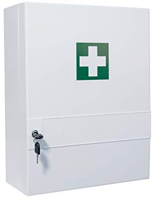 Erste Hilfe Verbandschrank (leer), Kunststoff Medizinschrank mit 10 Fächern (4 herausnehmbar), Sicherheitsschloss – 45 x 34,5 x 16 cm - robust & kompakt - zum Aufhängen inkl. Schrauben & Dübel