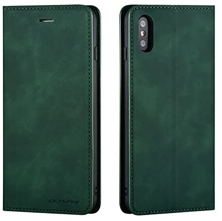 QLTYPRI Schutzhülle für iPhone X, iPhone Xs, Premium-PU-Leder, TPU-Stoßfänger mit Kartenhalter, Ständer, magnetisch, stoßfest, Adsorption, Klapphülle für iPhone X, iPhone Xs 14,7 cm (5,8 Zoll), Grün