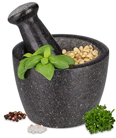Relaxdays Mortier avec Pilon, en Granite, Poli, utilisable des Deux côtés, pour Herbes et épices, HD : 10 x 14 cm, Noir