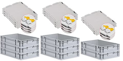 PROREGAL SuperSparSet 8x Eurobox NextGen Grip mit Scharnierdeckel und gelben Schiebeschnappverschlüssen, HxBxT 12x40x60cm, 23 L, Grau, Griffe geschlossen, Eurobehälter, Transportbox