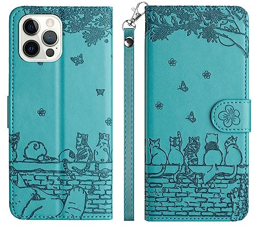 Aisenth Handyhülle für iPhone 12 Pro Max, Katze, Schmetterlings Muster Leder Handytasche Brieftasche Klapphülle Etui Flip Case Schutz Hülle mit Ständer, Kartenfächer -Blau Grün