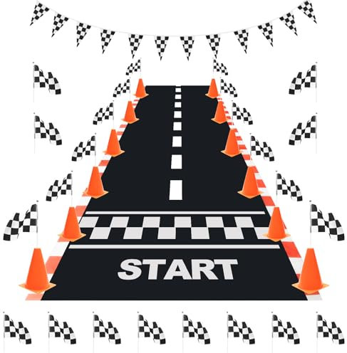 Windspeed 38PCS Racing Checkered Flags and Traffic Cones for Race Car Party, 24 Checkered Flags with Stick/ 12 Racing Traffic Cones/ 3Meter Triangle Flag/ 2Meter Racetrack Floor Running Mat
