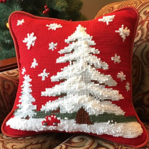 Merry Christmas White Snow Tree Latch Hook Kits Red Pillow Crochet Yarn Rug Pre-Printed Cushion Pillowcase Hook and Latch Kit Christmas Home Sofa Decoration 43x43cm(3)