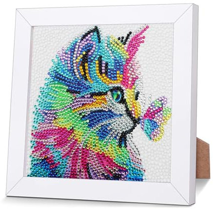 ROYUEXT Dimond Painting katze, 5D Dimond Painting Bilder mit Holzrahmen DIY Set, Mosaik Diamant Painting Bastellgeschenk für Kind 18×18cm
