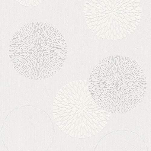 BRICOFLOR Papier peint fleurs rondes intissé Tapisserie motif rond chambre adulte tapisserie salon Papiers peints blanc et argent intissés