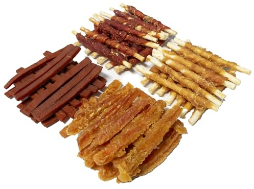 Multipack Streifen & Kaustangen, 4 x 150g I Kauspass für Hunde I Entenstreifen I Hühnchenstreifen I Kaustange mit Huhn I Kaustange mit Ente I Leckerli I Belohnung