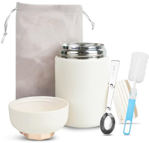 EMOIEMO Food Flask, 600ml, Soup Flask with Folding Spoon, Stainless Steel Jar Thermos Food Flask for Hot and Cold Meals Double Walled Soup Flask Leakproof Food Jar Soup Containers with Cup Brush