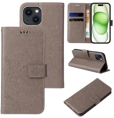 LBH Handy Hülle für Apple iPhone 15 Case Handytasche Schmetterling Blumen Flower Standfunktion Schutzhülle Magnet Rundum Schutz 360 Grad Flipcase Cover Grau