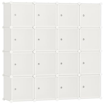 SONGMICS 16-Cube Storage Unit, Shoe Rack, Stackable Cubes, Plastic Closet Cabinet, Wardrobe, with Doors, for Bedroom, Office, Easy to Assemble, Cream White LPC443W01