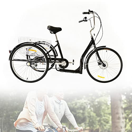 Mermajestic 190 * 75 * 120cm Schwarz 26 Zoll Schwarz Dreirad Für Erwachsene Mit Korb + Rückenlehne 6 Gang Erwachsenen Dreirad Cityräder Mit Schutzbleche Hochwertiger Stahlrahmen Geeignet für Alle