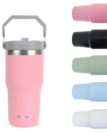CherryKelly 20oz (550ml) Travel Mug with Handle, Travel Tumbler with Straw Lid, Stainless Steel Vacuum Insulated Coffee Cup, Double Wall Travel Flask Car Mug, Leak Proof Water Bottle - Pink