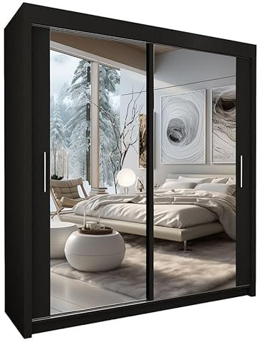 Style Heaven Modern Sliding Door Wardrobe for Bedroom,Matt Finish,2 Mirrored Sliding Doors wardrobes 10 Adjustable Shelves & 4 Hanging Rail,made of MDF Chipboard,aluminium Handles Chicago(203cm Black)