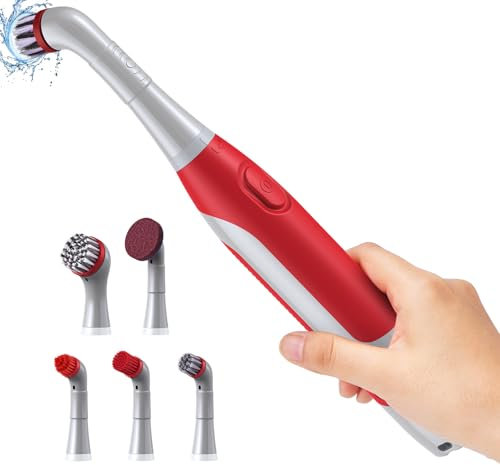 PureSwirlz Electric Cleaning Brush, Battery Operated Power Scrubber with 5 Brush Heads, Stainless Steel Wire Brush, Tile Grout Cleaner Shower Crevice Cleaning Brush for Tile Corner Grout Tight Space