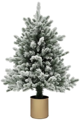 HOMCOM Albero di Natale artificiale, albero di Natale da 100 cm con 130 punte, neve artificiale, vasi di fiori, ignifugo, per decorazioni natalizie, verde+oro